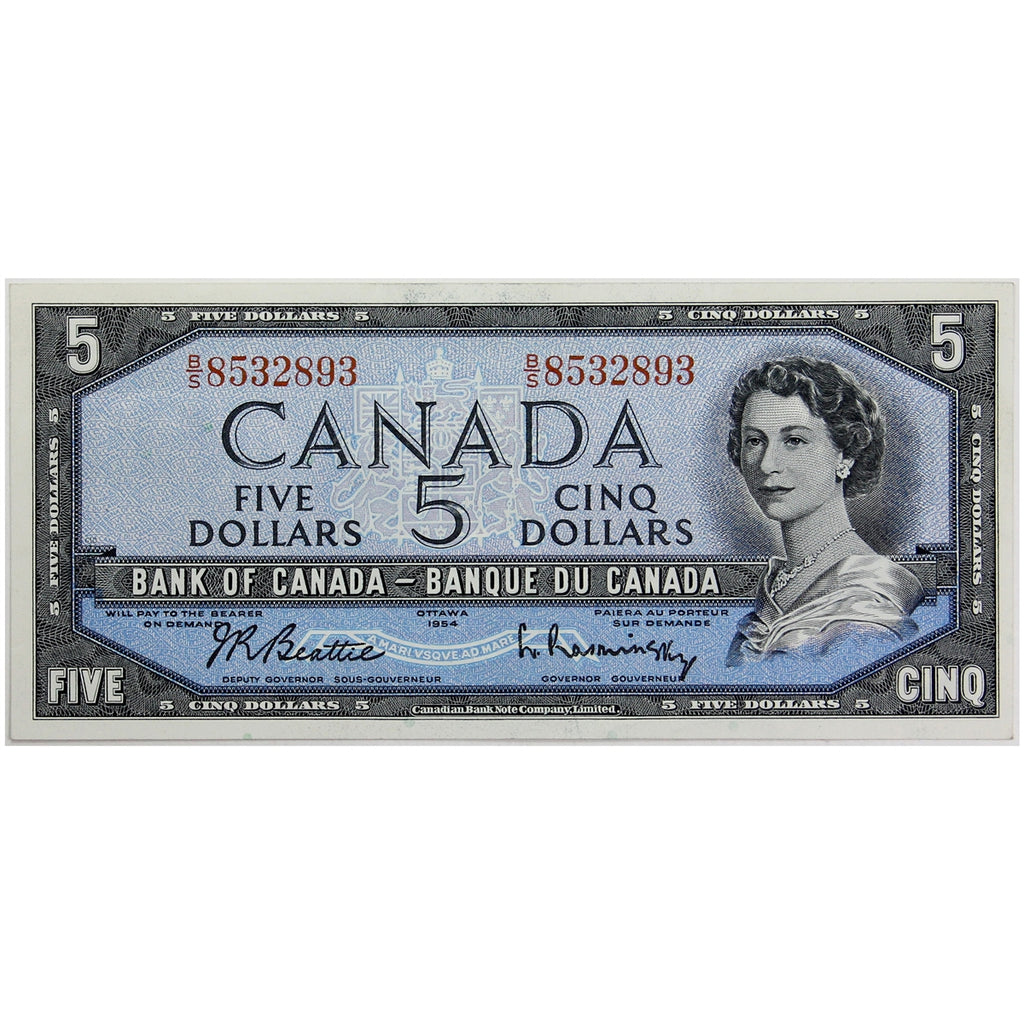 BC-39b 1954 Canada $5 Beattie-Rasminsky, B/S, Almost Uncirculated (AU50)