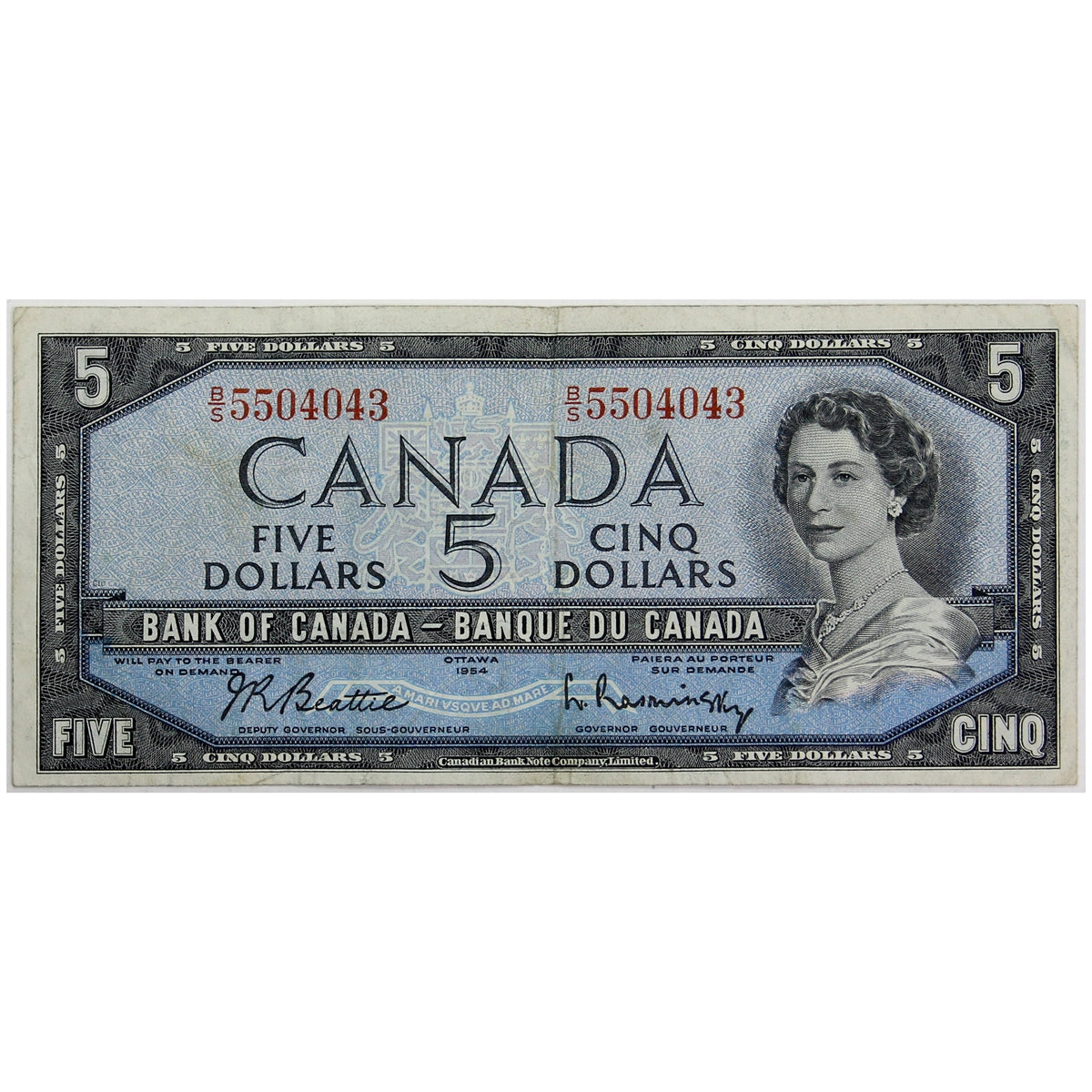 BC-39b 1954 Canada $5 Beattie-Rasminsky, B/S, F-VF (F15)