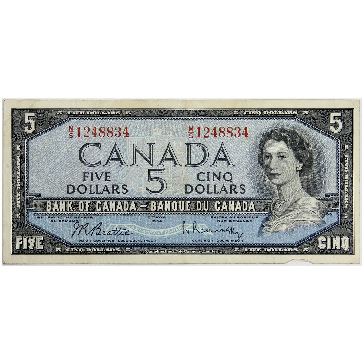 BC-39b 1954 Canada $5 Beattie-Rasminsky, M/S, Very Fine (VF20)