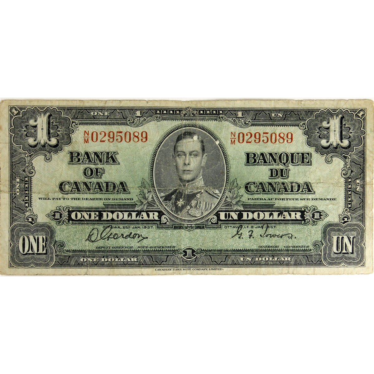 BC-21c 1937 Canada $1 Gordon-Towers, N/M, Circ