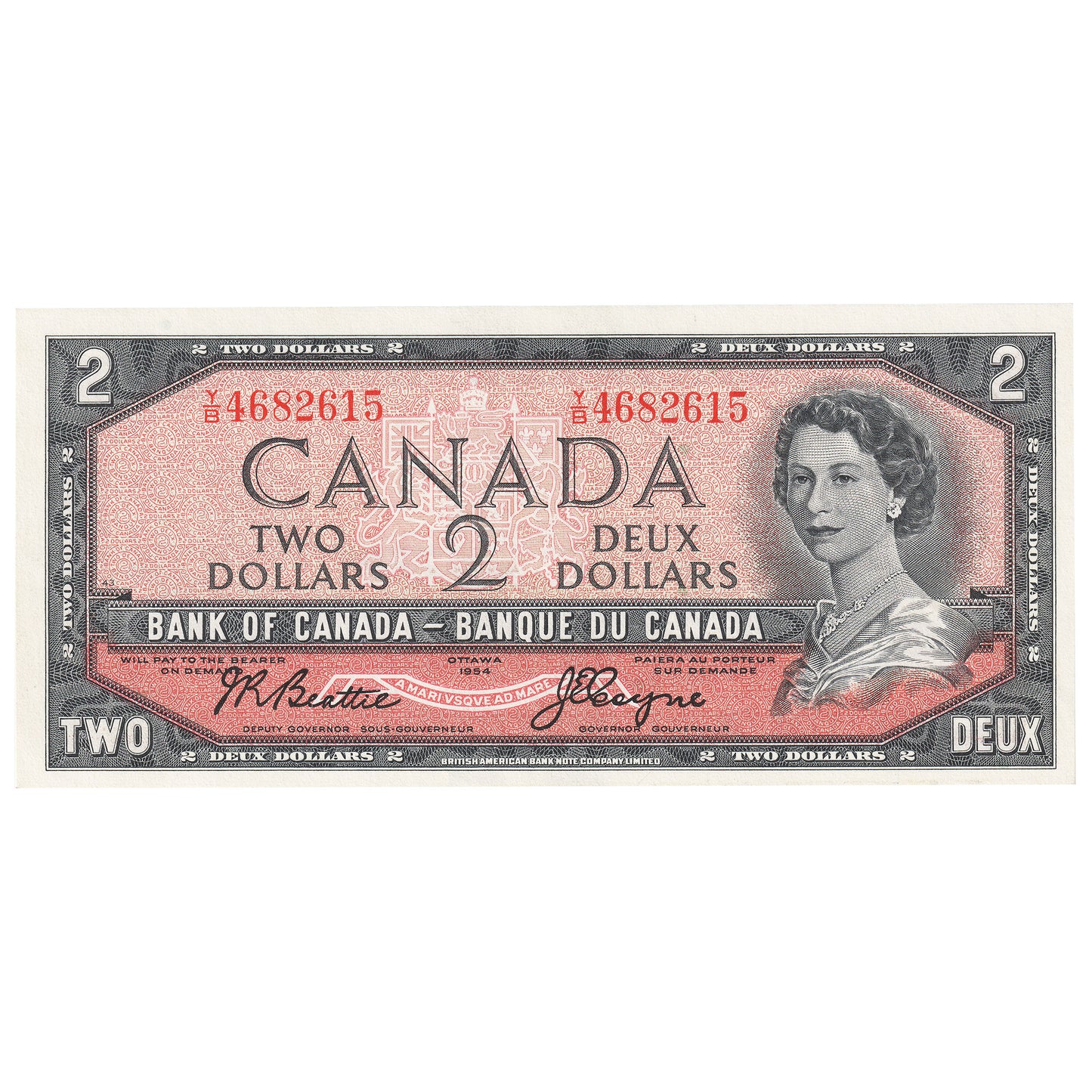 BC-38a 1954 Canada $2 Beattie-Coyne, Y/B, Uncirculated (MS60)
