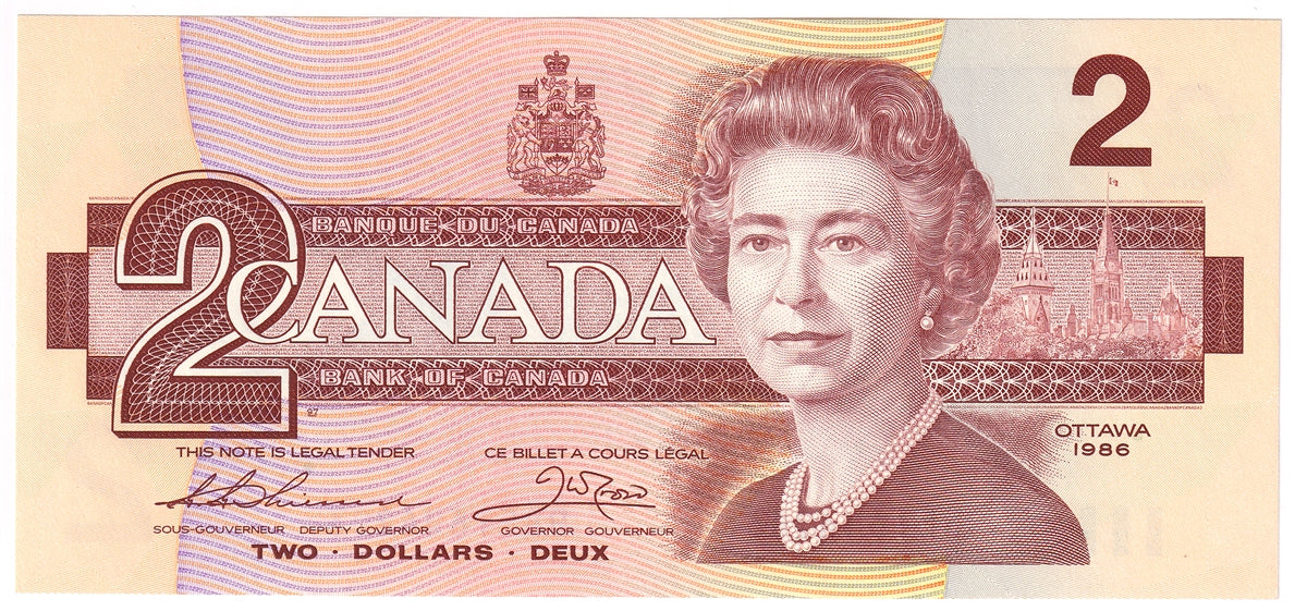 BC-55b 1986 Canada $2 Thiessen-Crow, BBE, Choice Uncirculated (CUNC63)