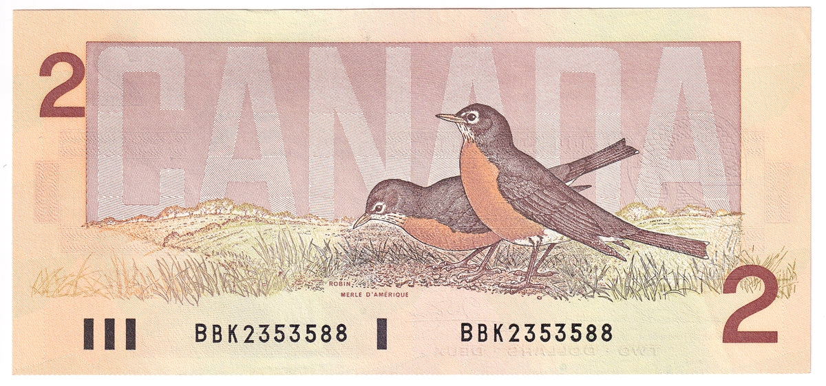 BC-55b 1986 Canada $2 Thiessen-Crow, BBK, Almost Uncirculated (AU50)