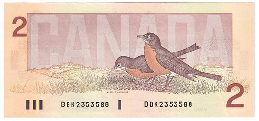 BC-55b 1986 Canada $2 Thiessen-Crow, BBK, Almost Uncirculated (AU50)