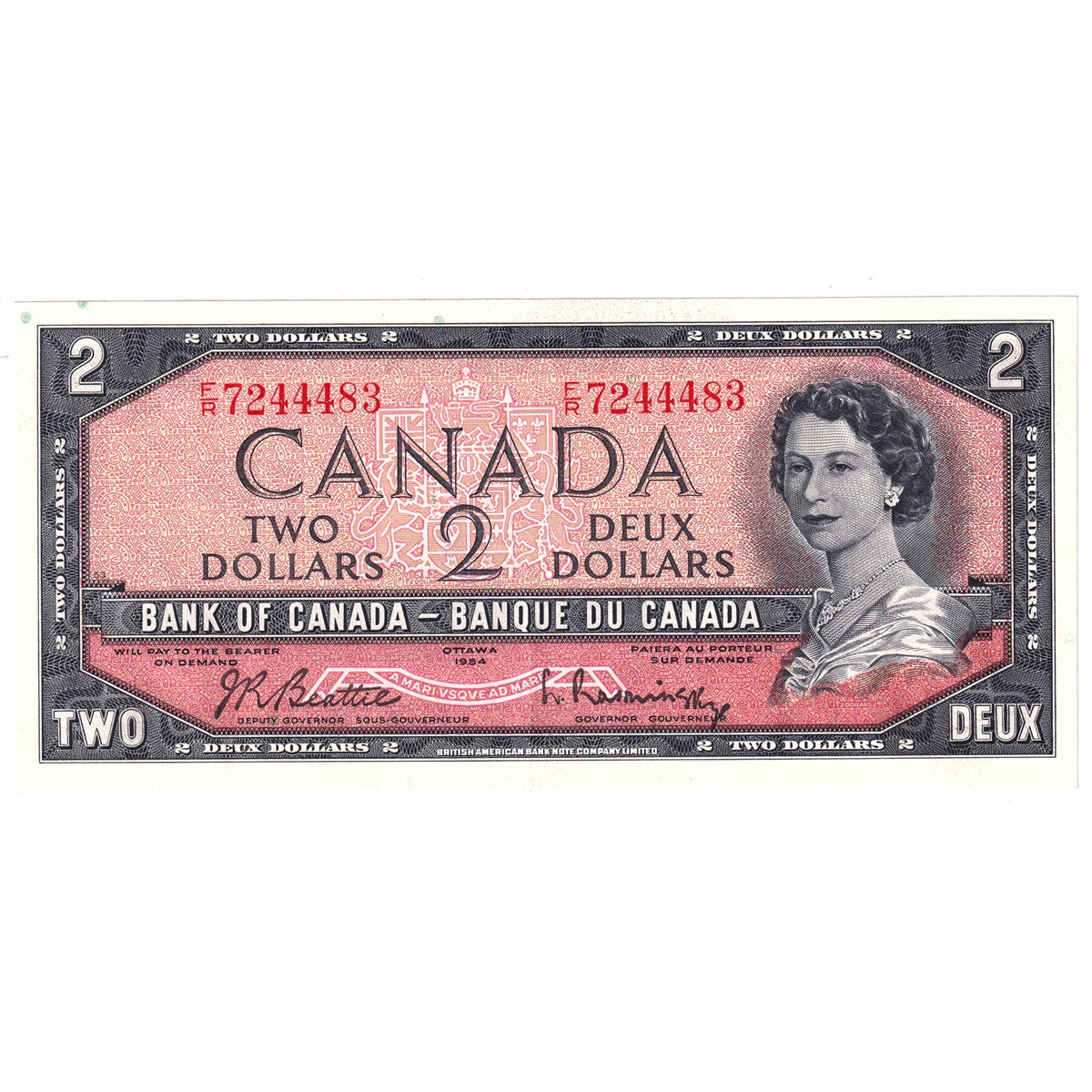 BC-38b 1954 Canada $2 Beattie-Rasminsky, F/R, Extra Fine (EF40)