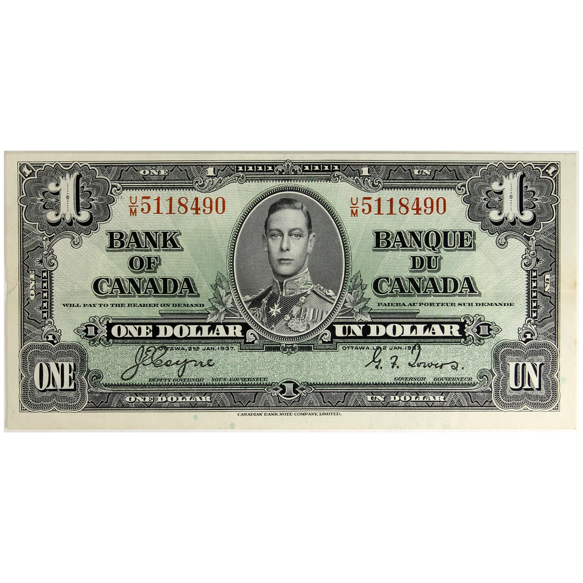 BC-21d 1937 Canada $1 Coyne-Towers, U/M, Extra Fine (EF40)