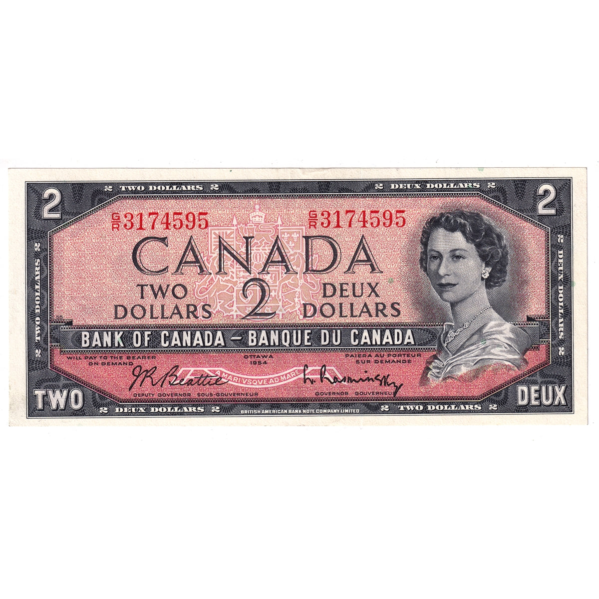 BC-38b 1954 Canada $2 Beattie-Rasminsky, G/R, VF-EF (VF30)