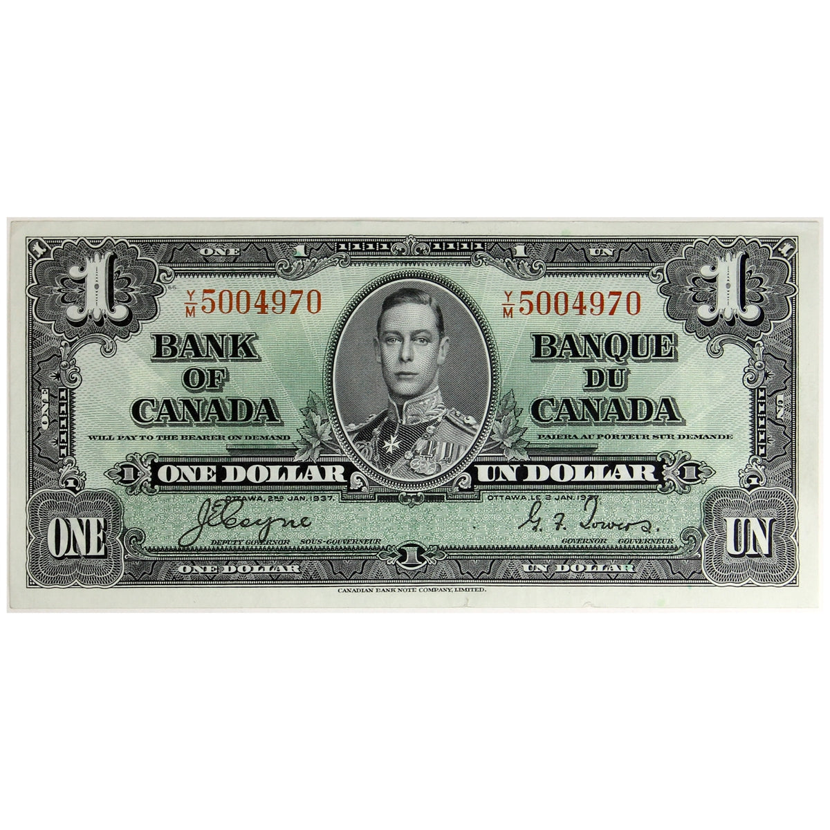BC-21d 1937 Canada $1 Coyne-Towers, Y/M, Almost Uncirculated (AU50)