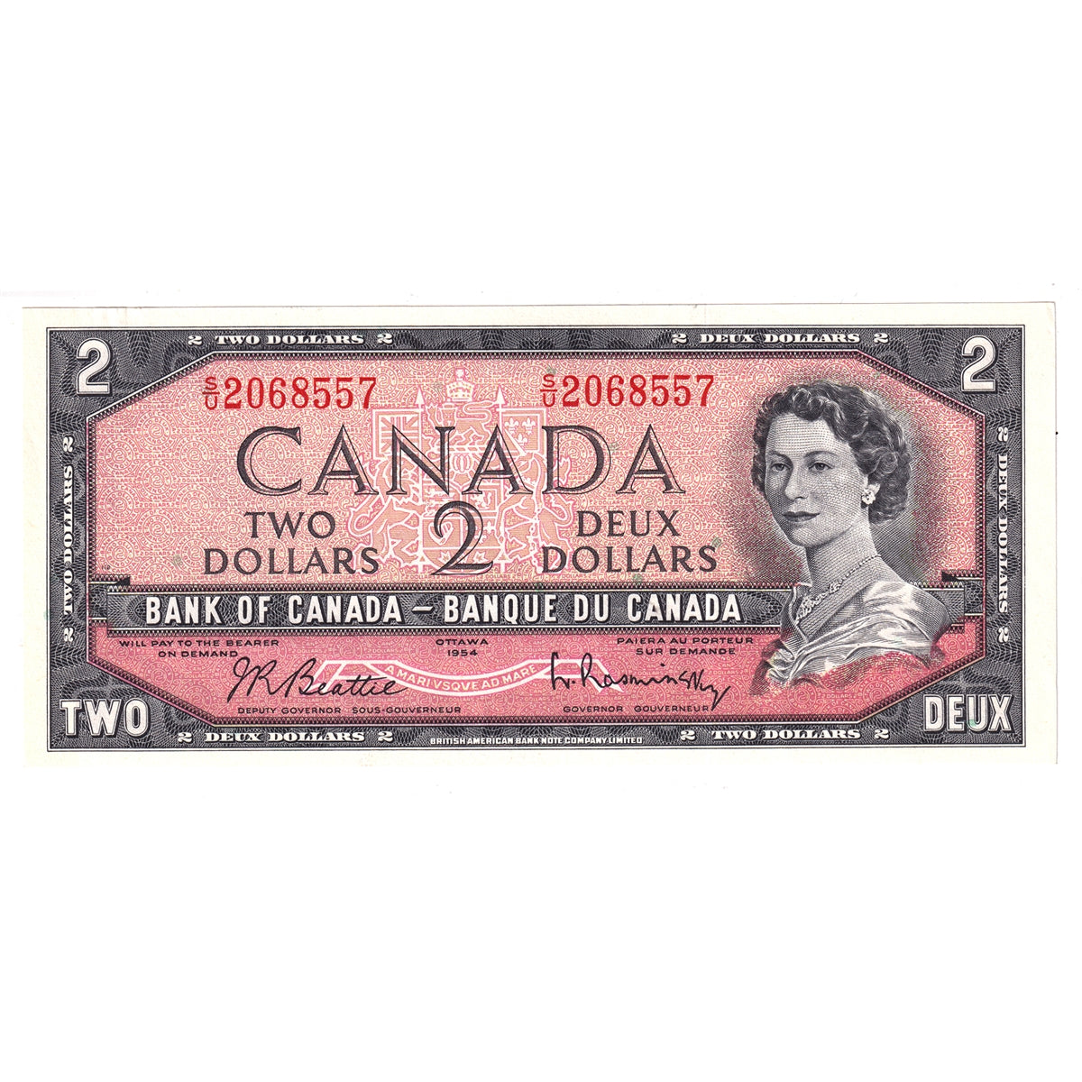 BC-38b 1954 Canada $2 Beattie-Rasminsky, S/U, AU-UNC (AU55)