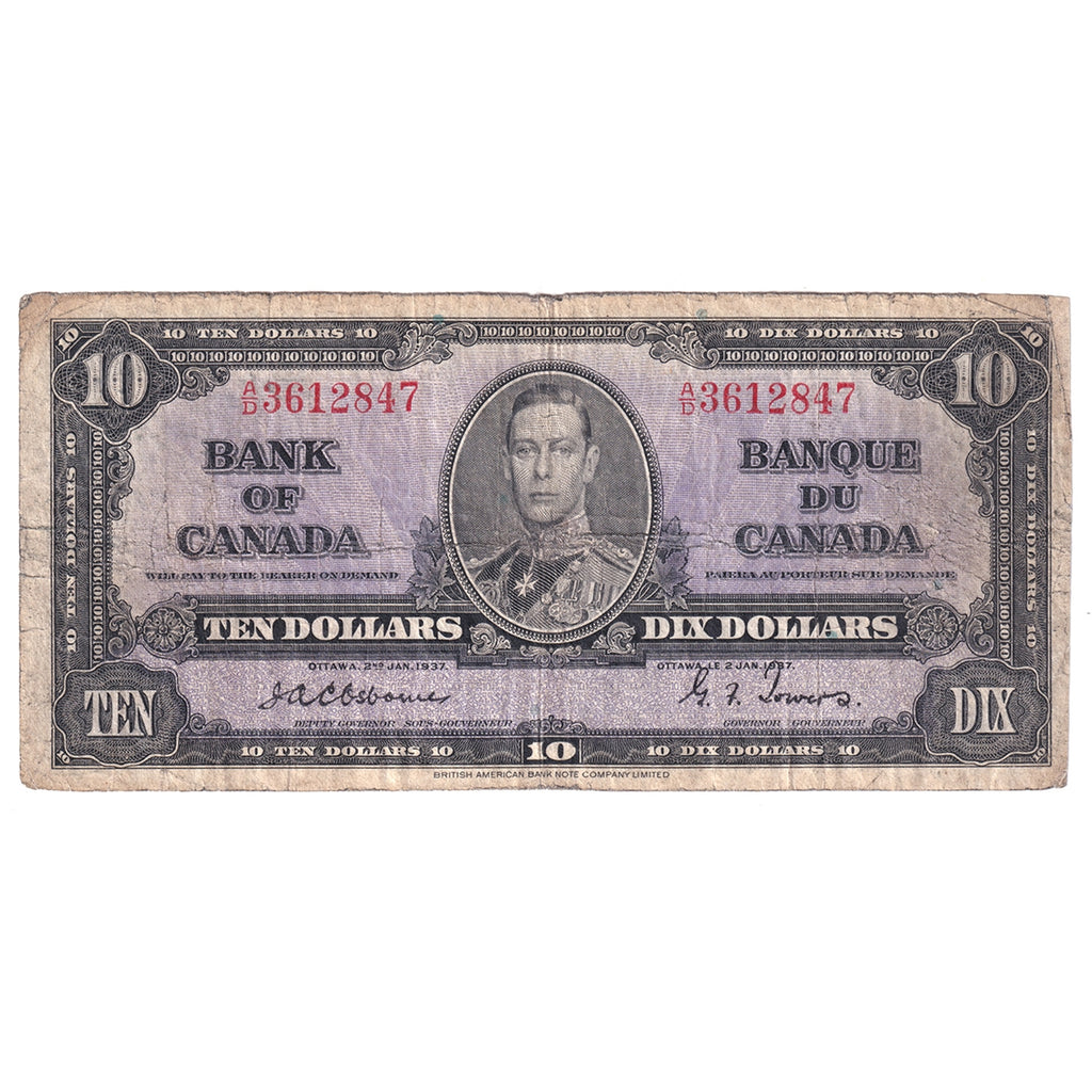BC-24a 1937 Canada $10 Osborne-Towers, A/D, Very Good (VG8)