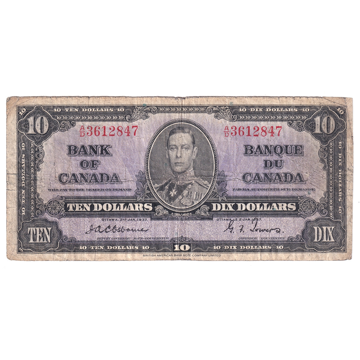 BC-24a 1937 Canada $10 Osborne-Towers, A/D, Very Good (VG8)