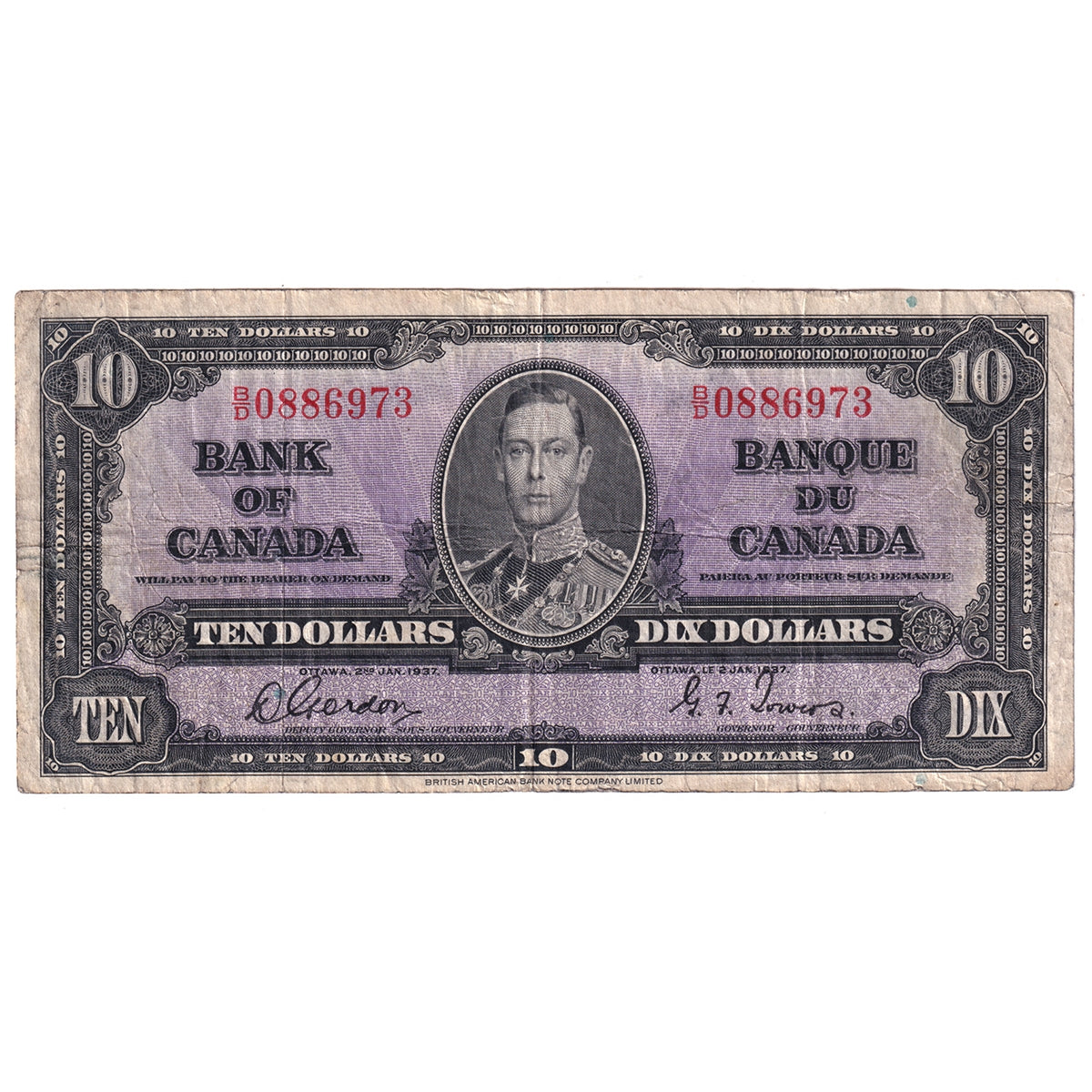 BC-24b 1937 Canada $10 Gordon-Towers, B/D, F-VF (F15)
