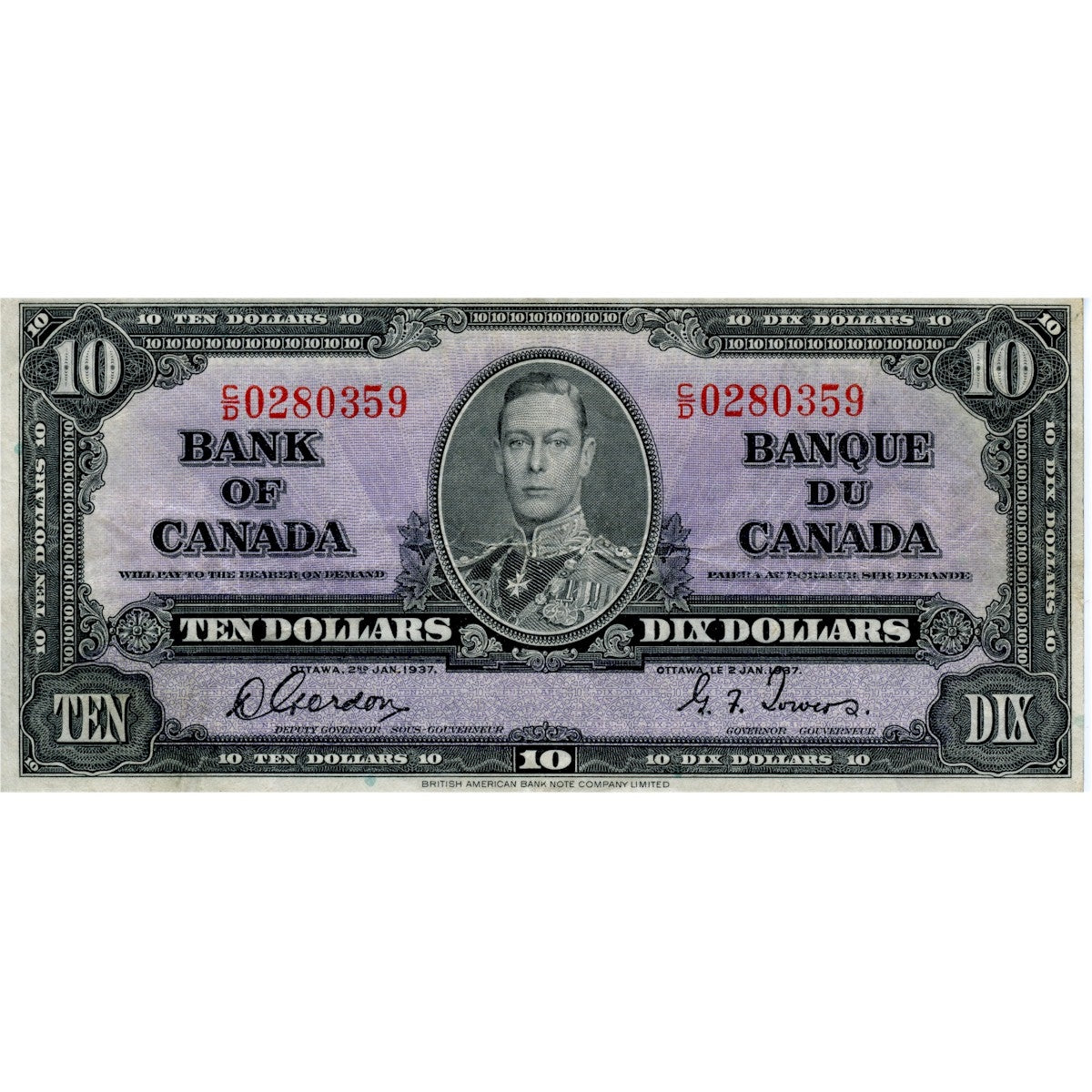 BC-24b 1937 Canada $10 Gordon-Towers, C/D, Very Fine (VF20)
