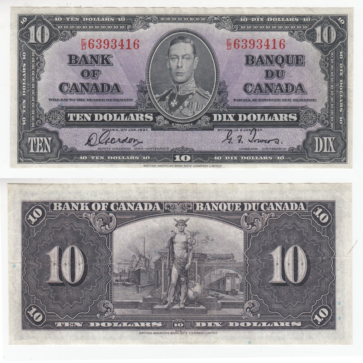 BC-24b 1937 Canada $10 Gordon-Towers, E/D, VF