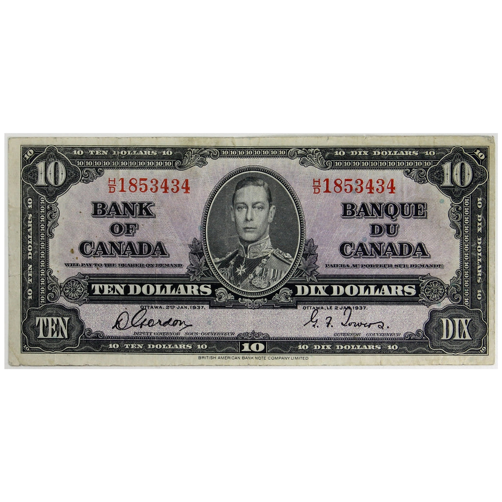 BC-24b 1937 Canada $10 Gordon-Towers, H/D, VF