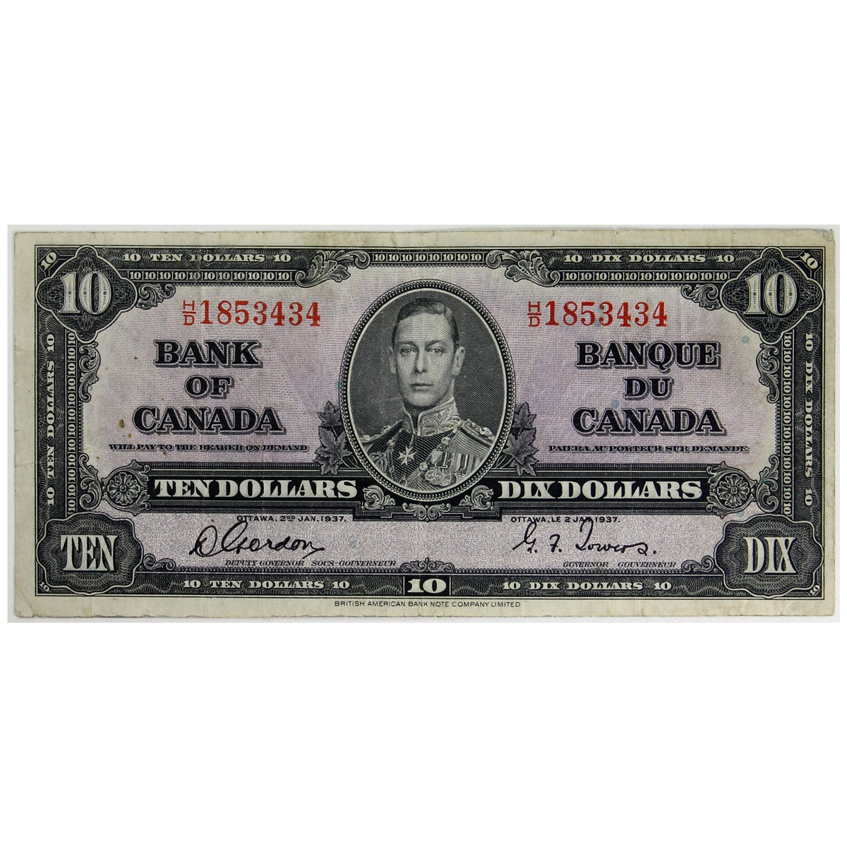 BC-24b 1937 Canada $10 Gordon-Towers, H/D, VF