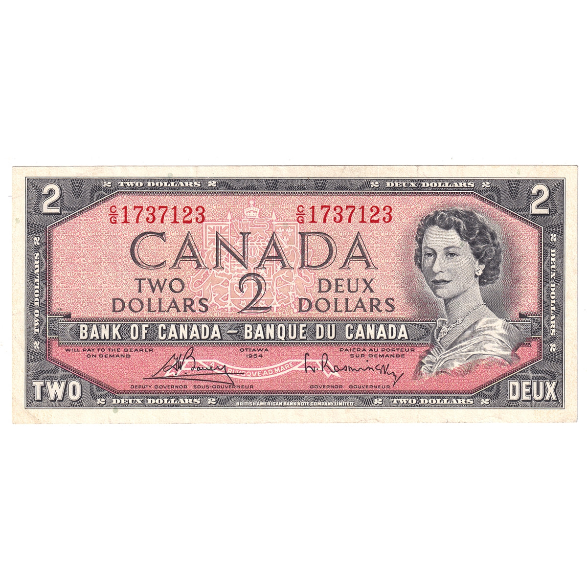 BC-38c 1954 Canada $2 Bouey-Rasminsky, C/G, Very Fine (VF20)
