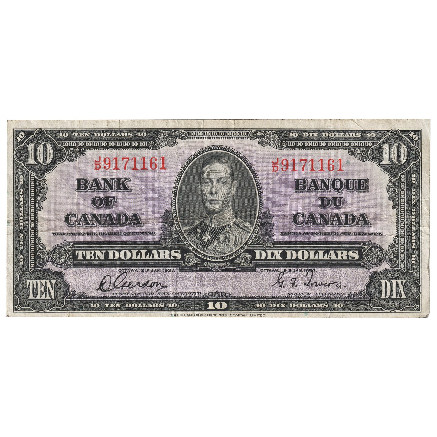 BC-24b 1937 Canada $10 Gordon-Towers, J/D, VF