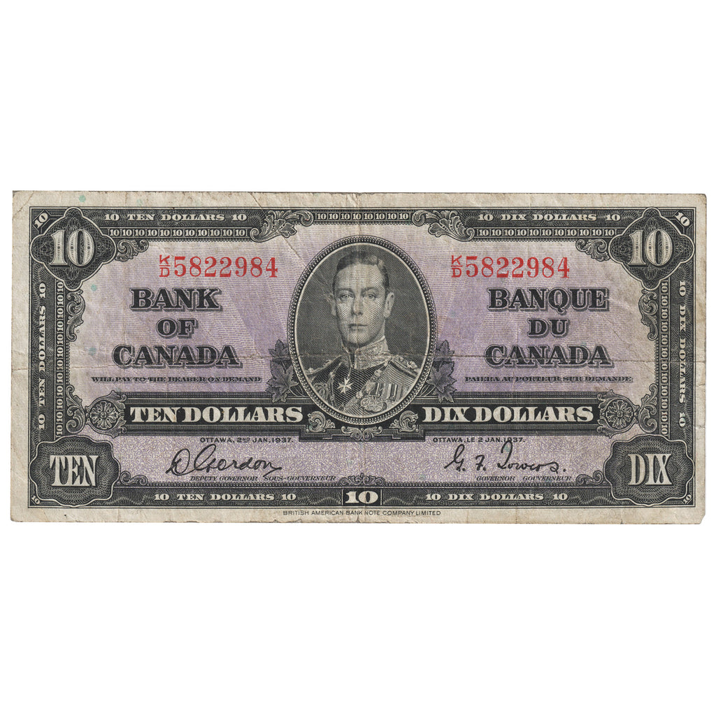 BC-24b 1937 Canada $10 Gordon-Towers, K/D, F