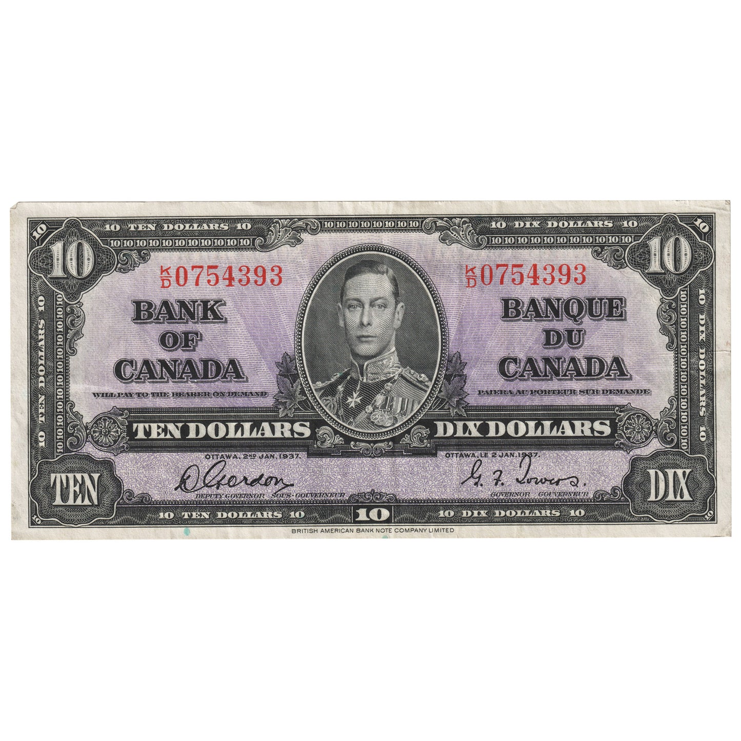 BC-24b 1937 Canada $10 Gordon-Towers, K/D, VF-EF