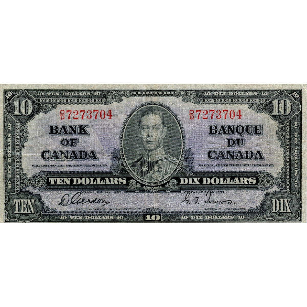 BC-24b 1937 Canada $10 Gordon-Towers, O/D, F