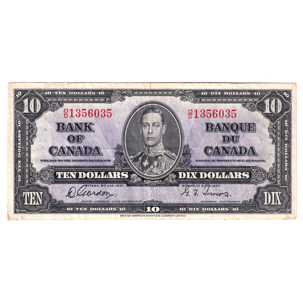 BC-24b 1937 Canada $10 Gordon-Towers, O/D, VF-EF (VF30)