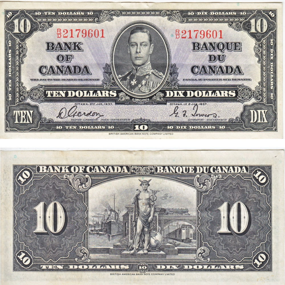 BC-24b 1937 Canada $10 Gordon-Towers, R/D, Extra Fine (EF40)