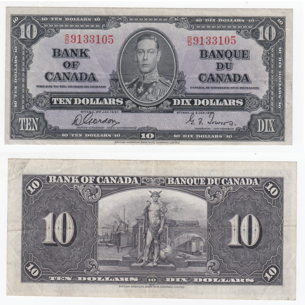 BC-24b 1937 Canada $10 Gordon-Towers, S/D, VF-EF (VF30)