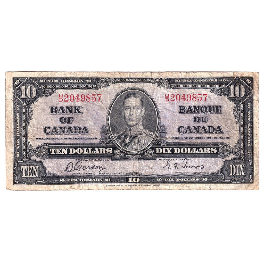 BC-24b 1937 Canada $10 Gordon-Towers, U/D, Circ