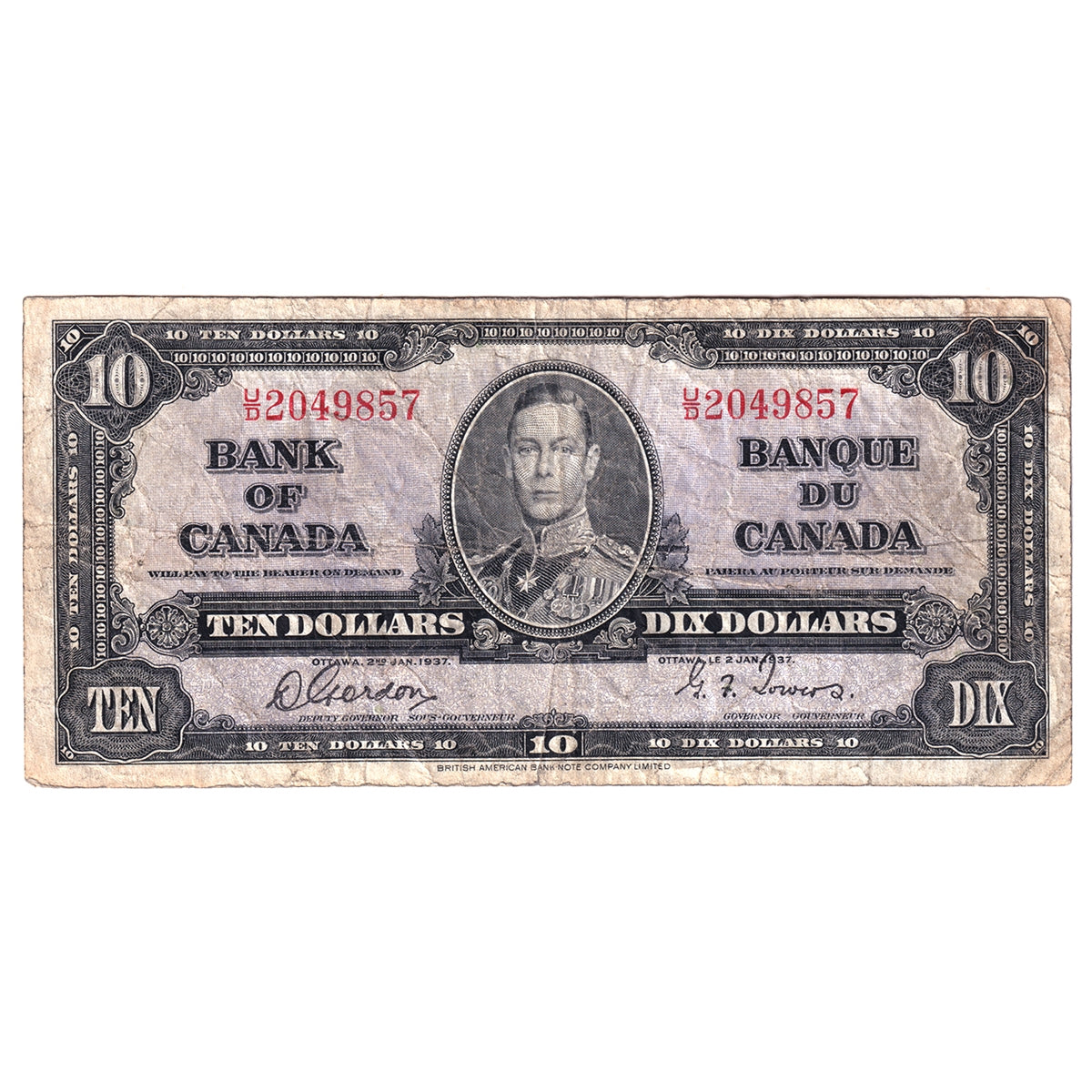 BC-24b 1937 Canada $10 Gordon-Towers, U/D, Circ