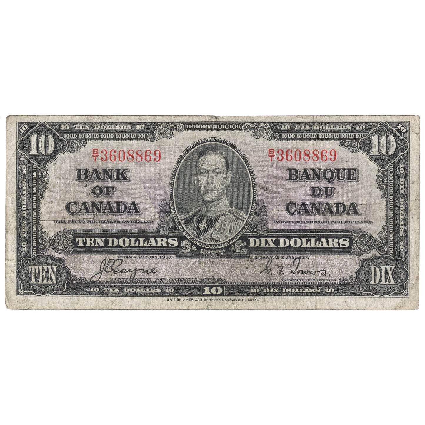 BC-24c 1937 Canada $10 Coyne-Towers, B/T, F