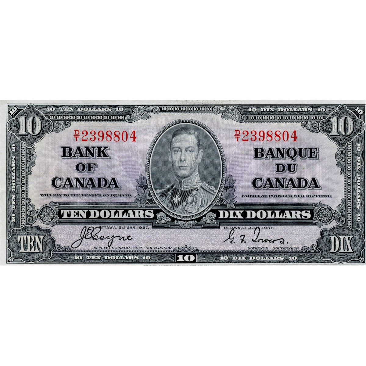 BC-24c 1937 Canada $10 Coyne-Towers, D/T, Extra Fine (EF40)