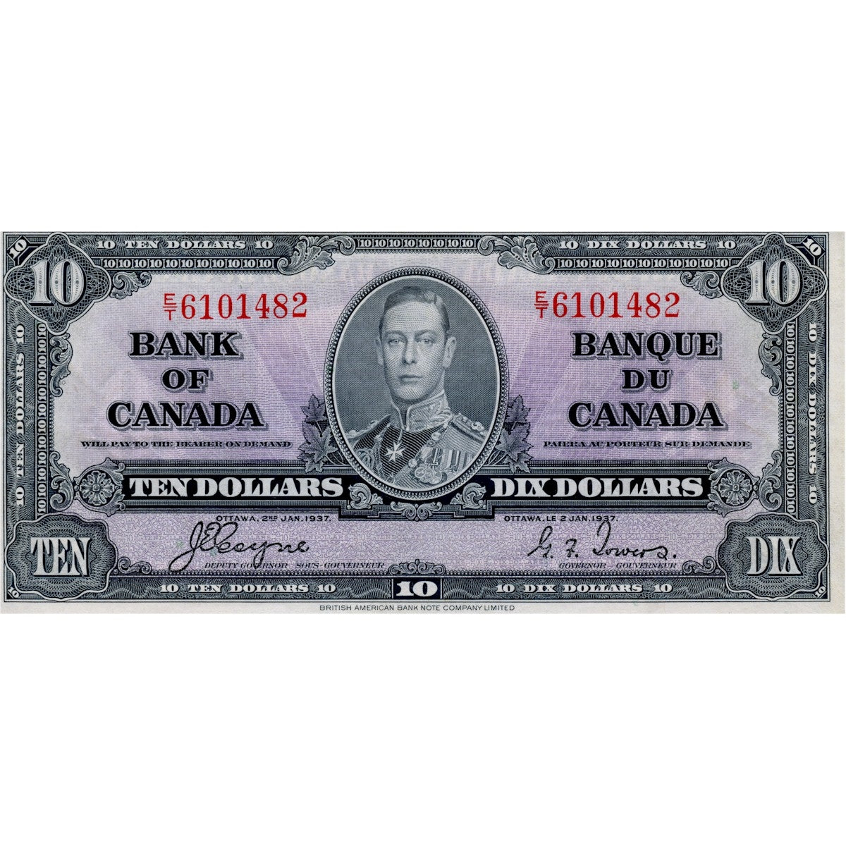 BC-24c 1937 Canada $10 Coyne-Towers, E/T, Extra Fine (EF40)
