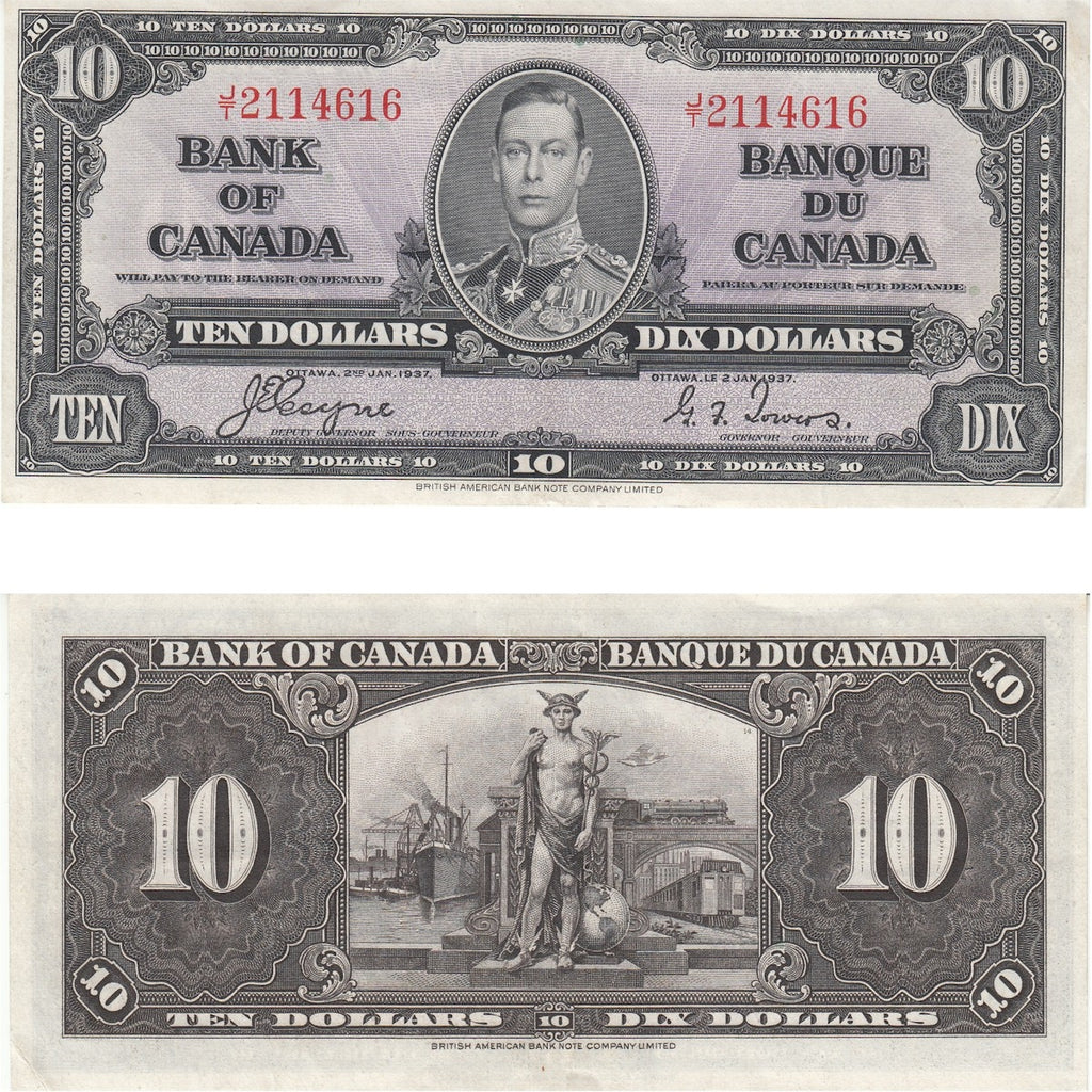 BC-24c 1937 Canada $10 Coyne-Towers, J/T, Extra Fine (EF40)