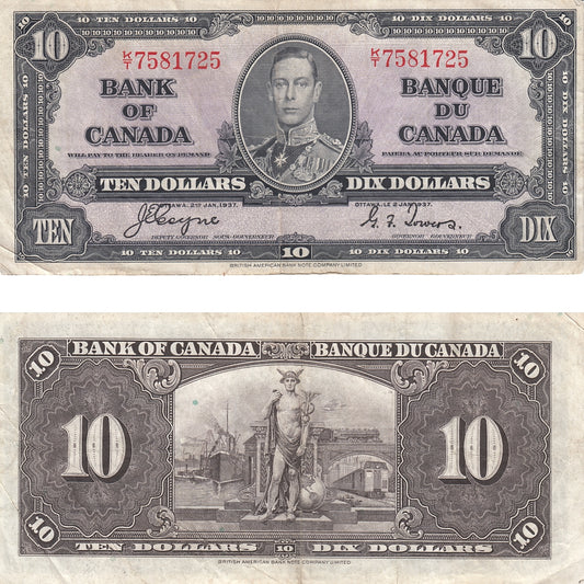 BC-24c 1937 Canada $10 Coyne-Towers, K/T, VF