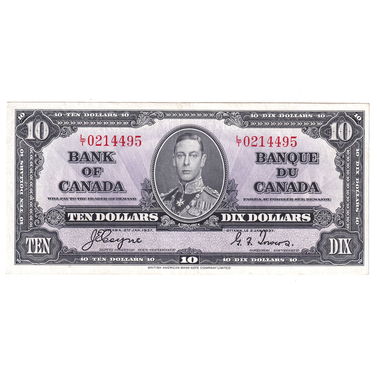 BC-24c 1937 Canada $10 Coyne-Towers, L/T, Extra Fine (EF40)