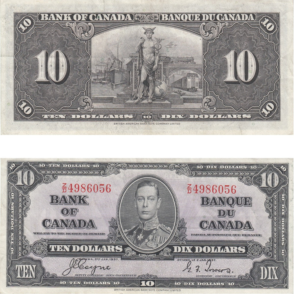 BC-24c 1937 Canada $10 Coyne-Towers, Z/D, Extra Fine (EF40)
