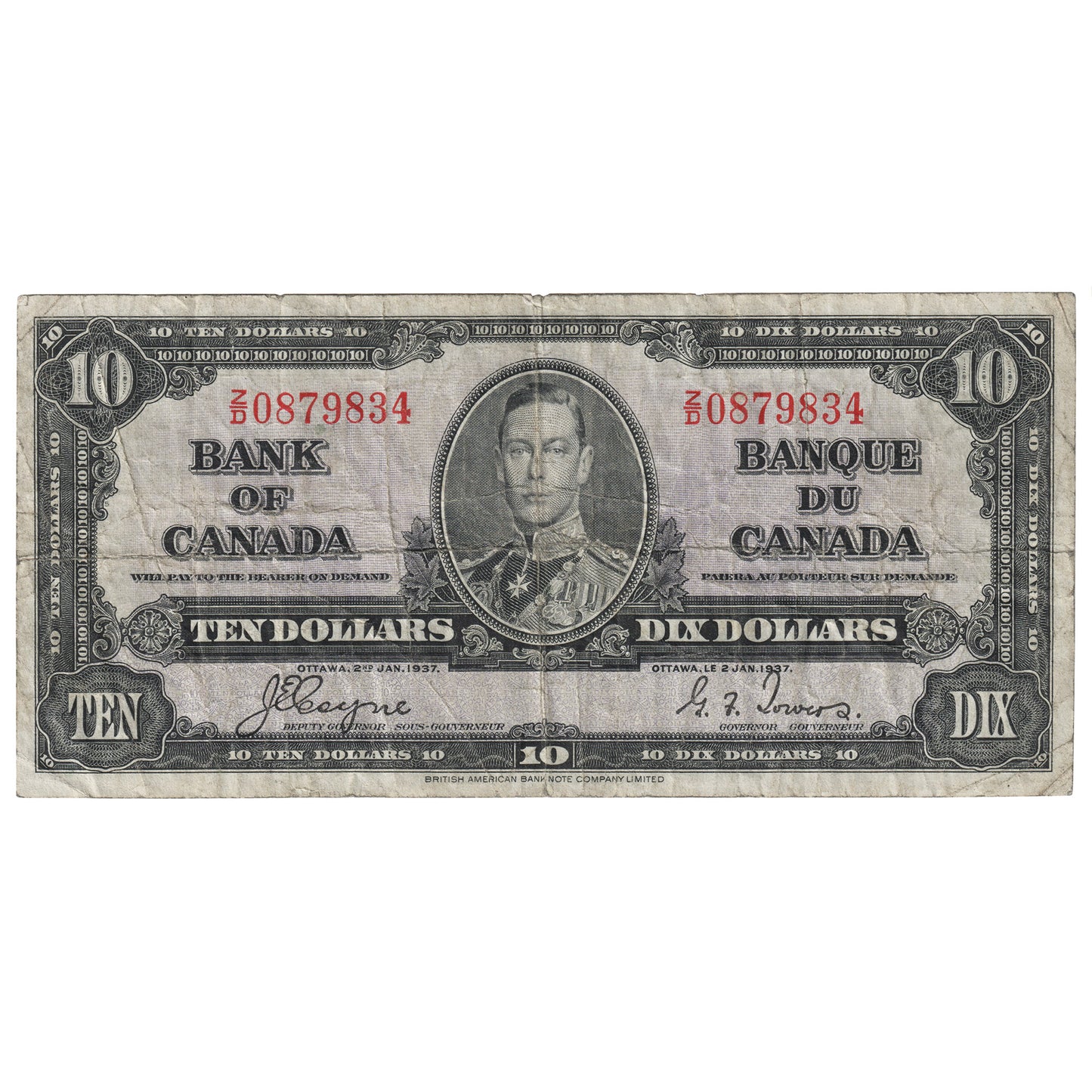 BC-24c 1937 Canada $10 Coyne-Towers, Z/D, Fine (F12)