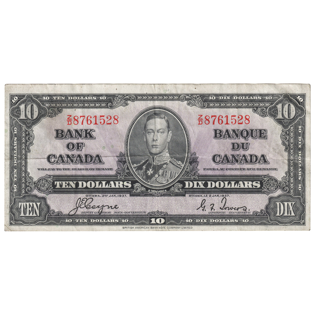BC-24c 1937 Canada $10 Coyne-Towers, Z/D, VF-EF