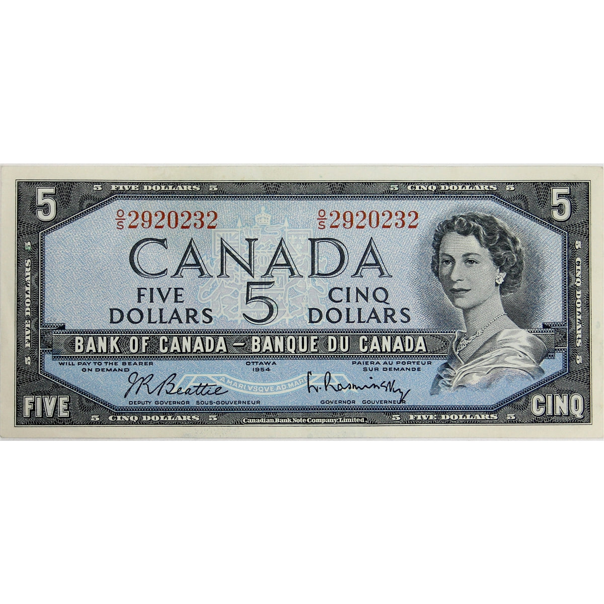 BC-39b 1954 Canada $5 Beattie-Rasminsky, O/S, EF-AU (EF45)