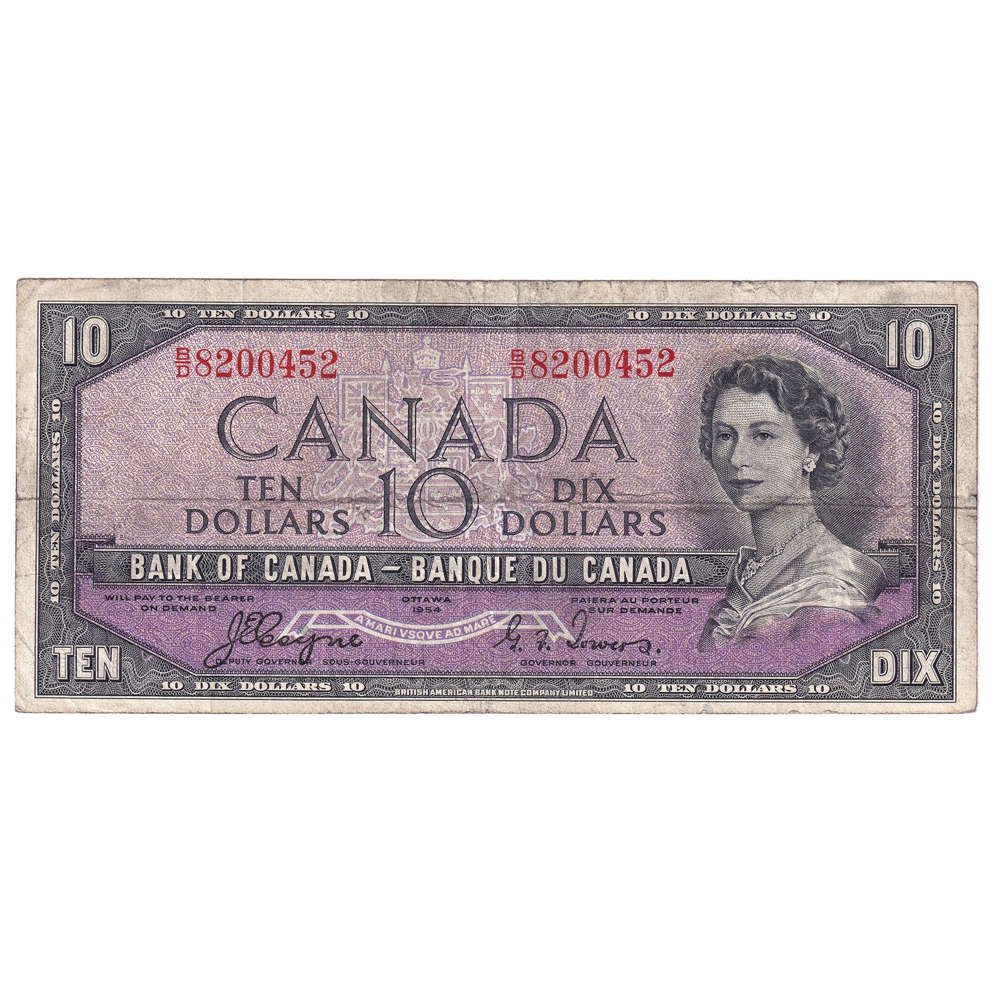 BC-32a 1954 Canada $10 Coyne-Towers, Devil's Face, B/D, F-VF