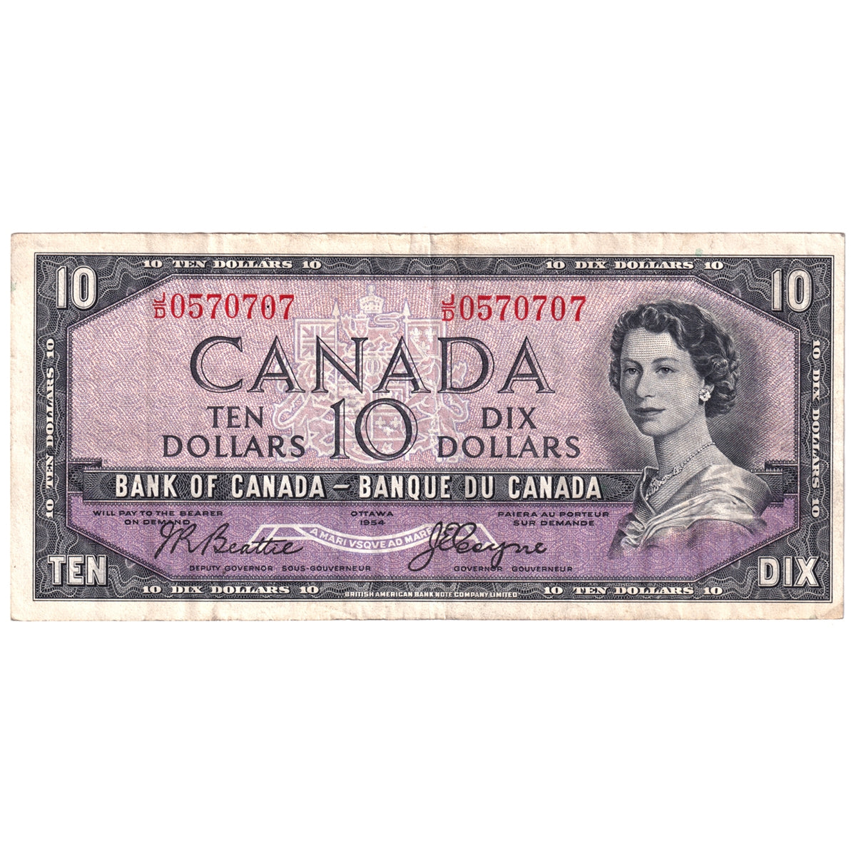 BC-32b 1954 Canada $10 Beattie-Coyne, Devil's Face, J/D, VF