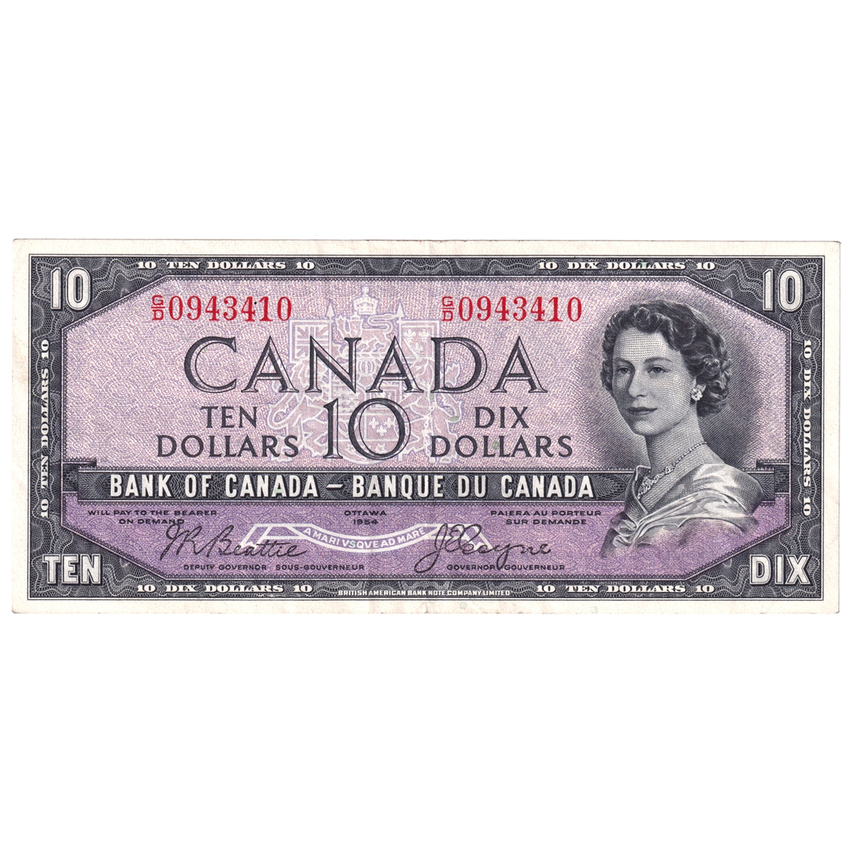 BC-32b 1954 Canada $10 Beattie-Coyne, Devil's Face, G/D, Extra Fine (EF40)