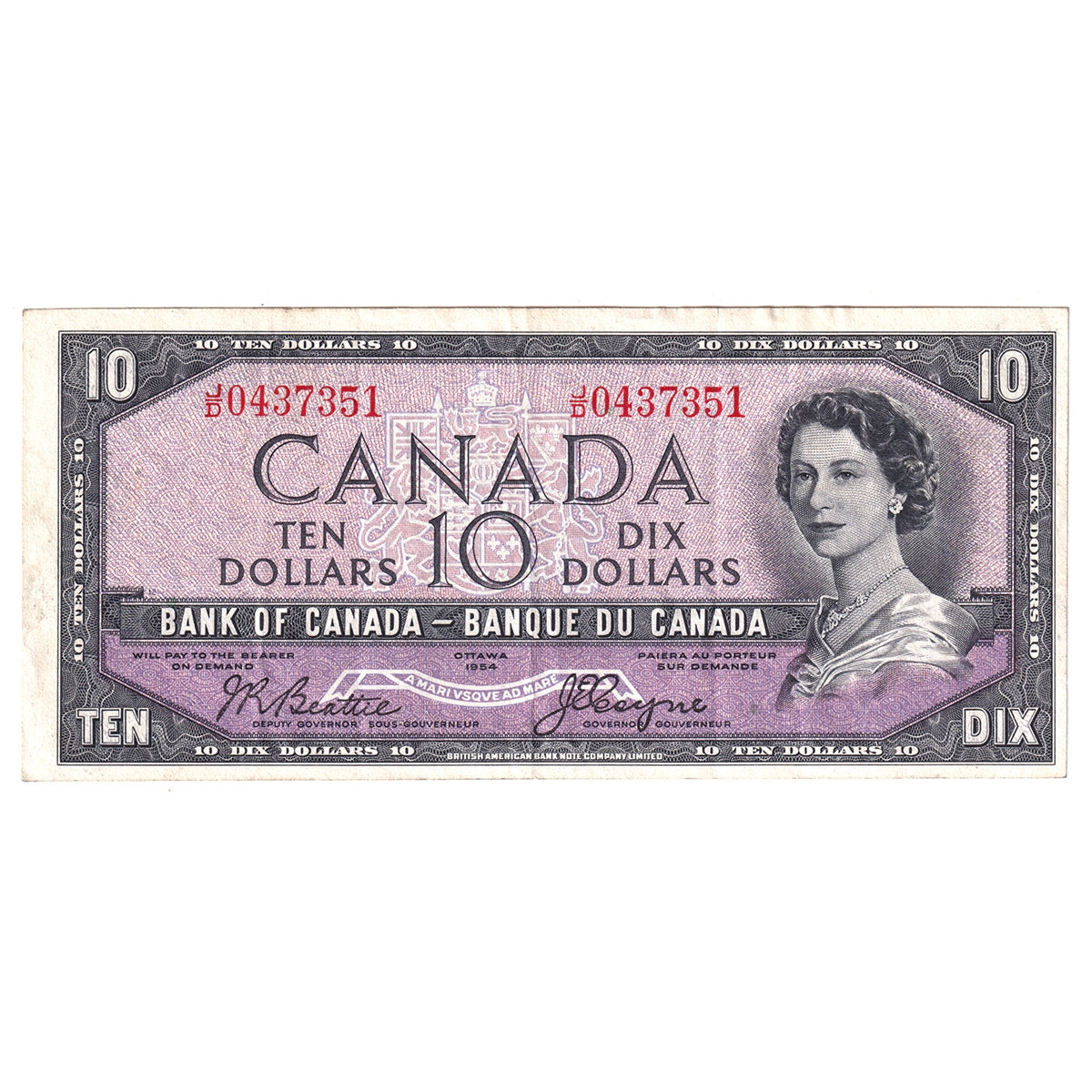 BC-32b 1954 Canada $10 Beattie-Coyne, Devil's Face, J/D, VF-EF (VF30)