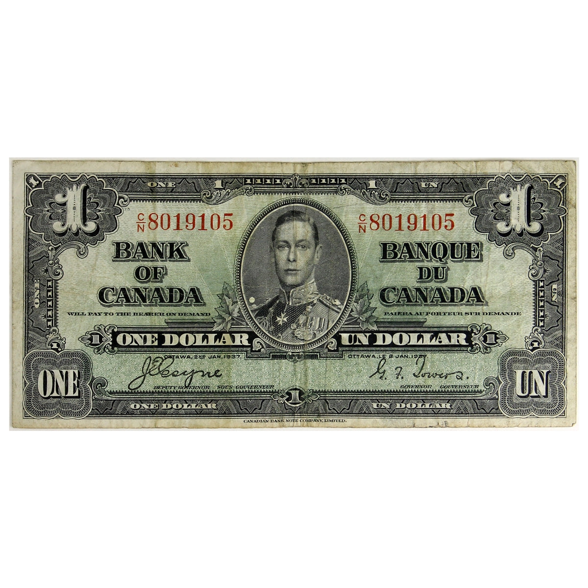 BC-21d 1937 Canada $1 Coyne-Towers, C/N, F-VF