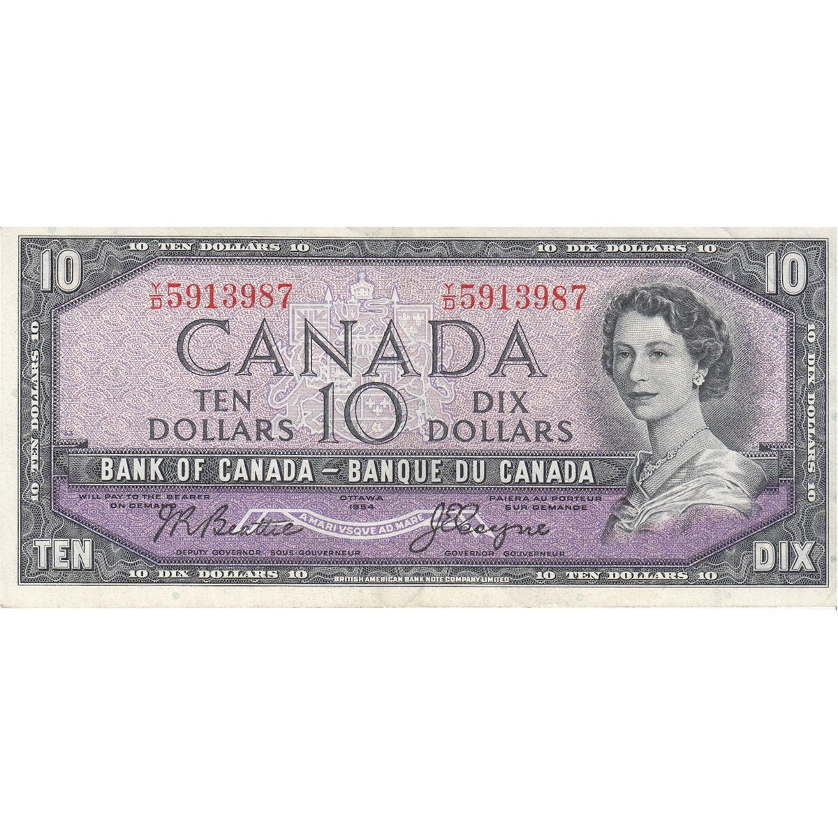 BC-40a 1954 Canada $10 Beattie-Coyne, Y/D, Very Fine (VF20)