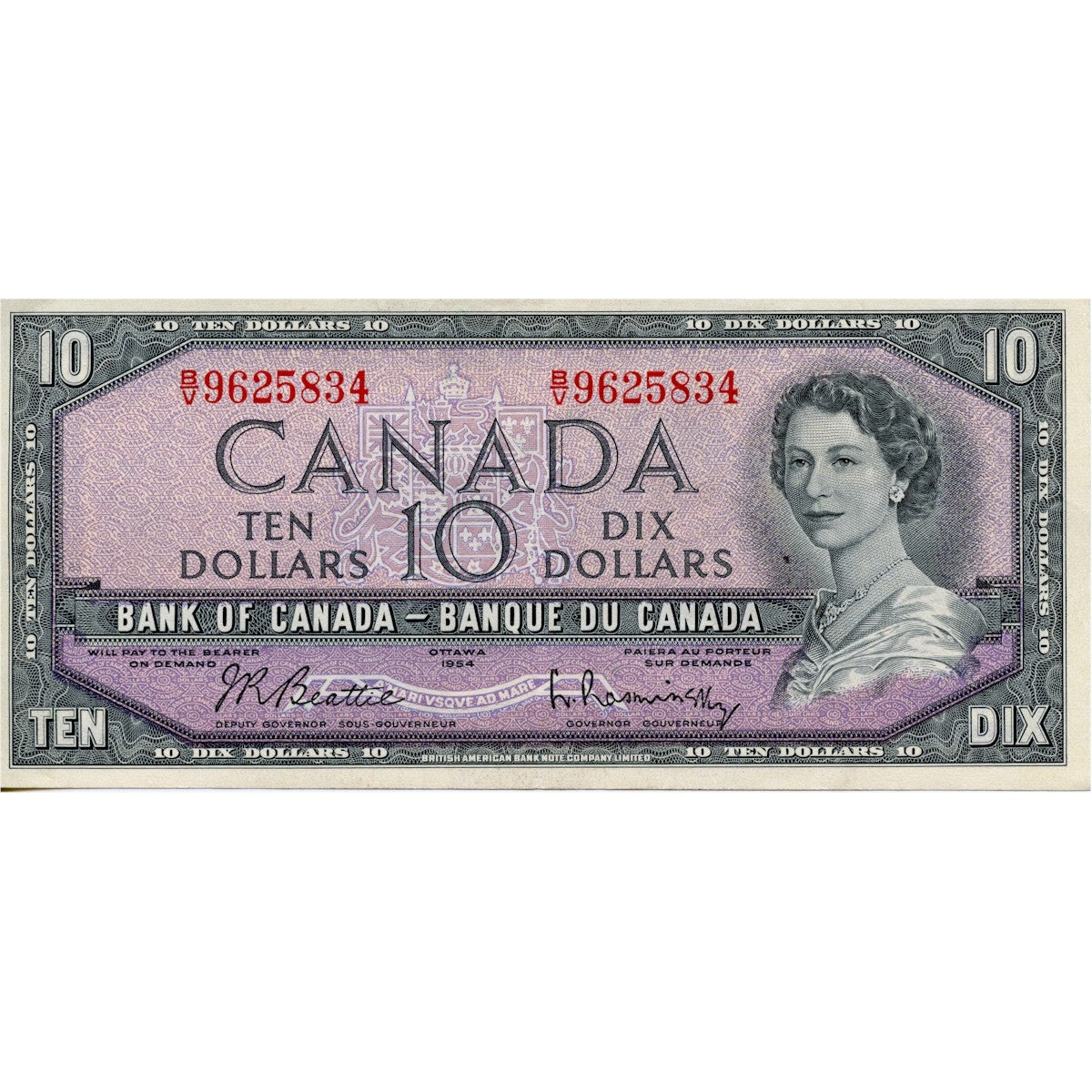 BC-40b 1954 Canada $10 Beattie-Rasminsky, B/V, EF-AU (EF45)