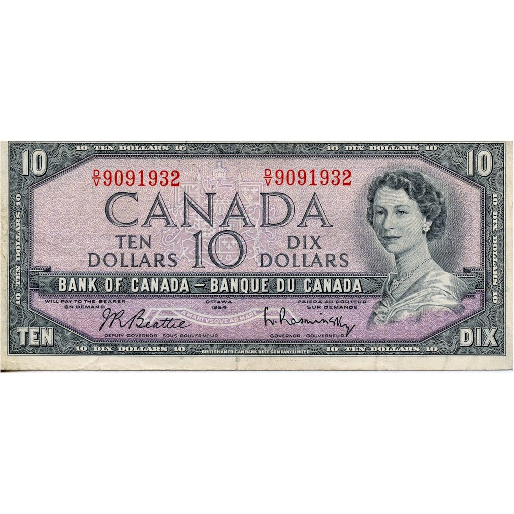 BC-40b 1954 Canada $10 Beattie-Rasminsky, D/V, Very Fine (VF20)