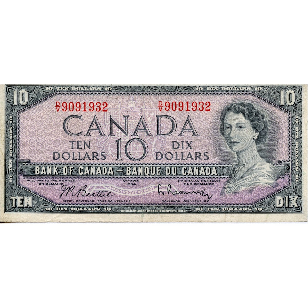 BC-40b 1954 Canada $10 Beattie-Rasminsky, D/V, Very Fine (VF20)
