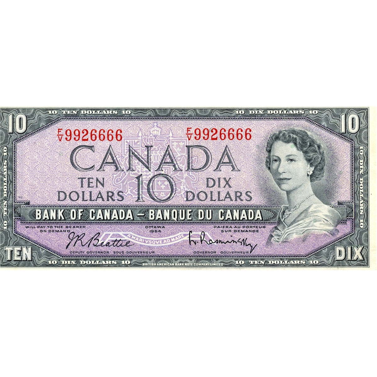 BC-40b 1954 Canada $10 Beattie-Rasminsky, F/V, AU-UNC (AU55)